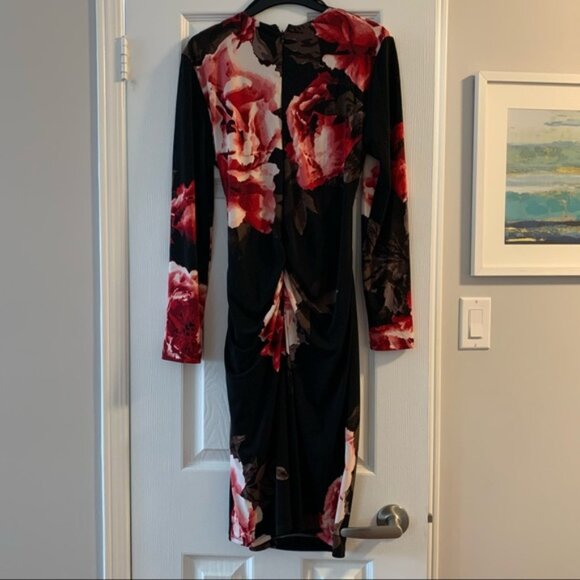 Le Chateau Red Floral Stretch Faux Wrap Dress M - Picture 5 of 10